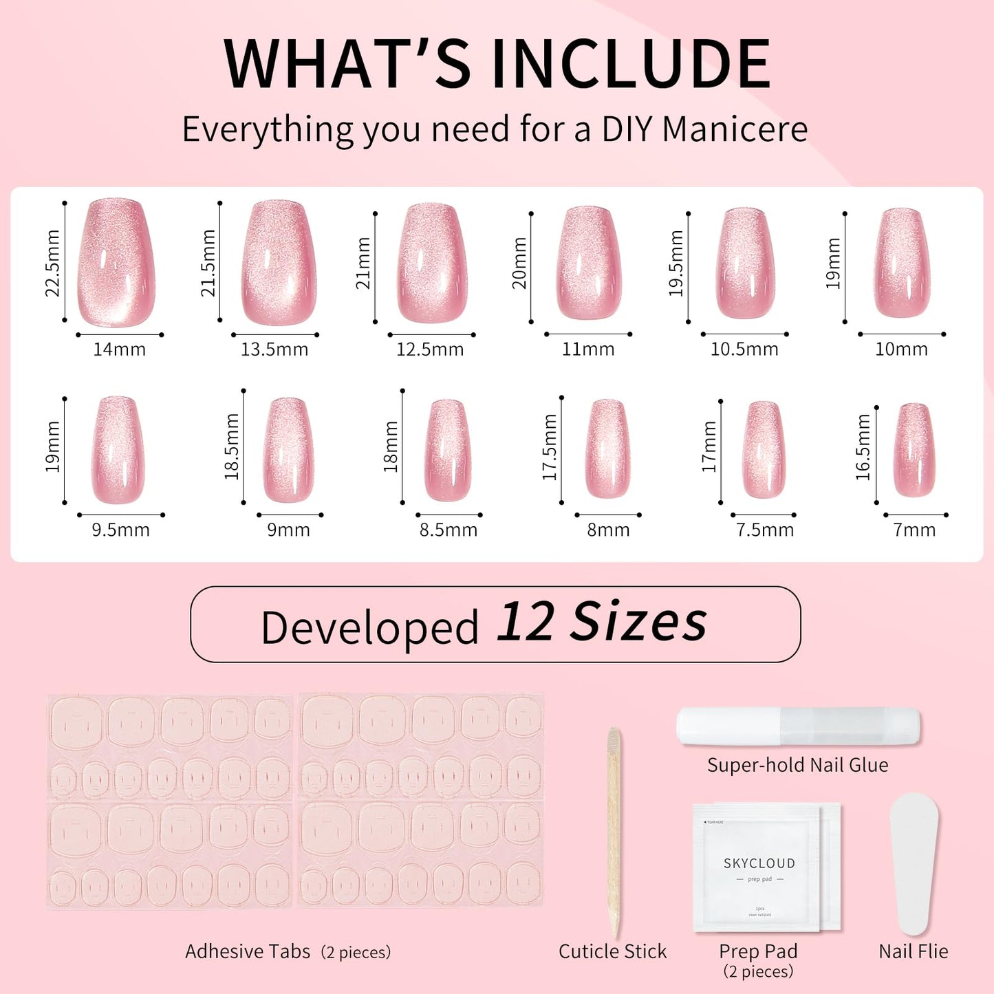 Skycloud Cat Eyes Press On Nails - 24 Pcs Soft Gel Rose Red Pink Medium Coffin Fake Nails Kit with Nail Glue, Natural Reusable Stick On False Nails for Women and Girls (SK0719)