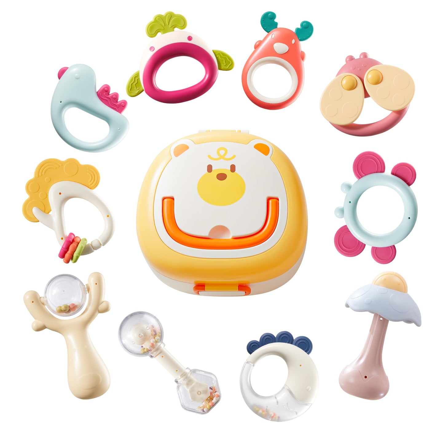 CrystCare Baby Rattles & Teethers Toys 10-Piece Set, Sensory Toys for 0-12 Months Newborn Infants，Developmental Baby Shower Gift with Gift Box for Boys and Girls(BPA Free)