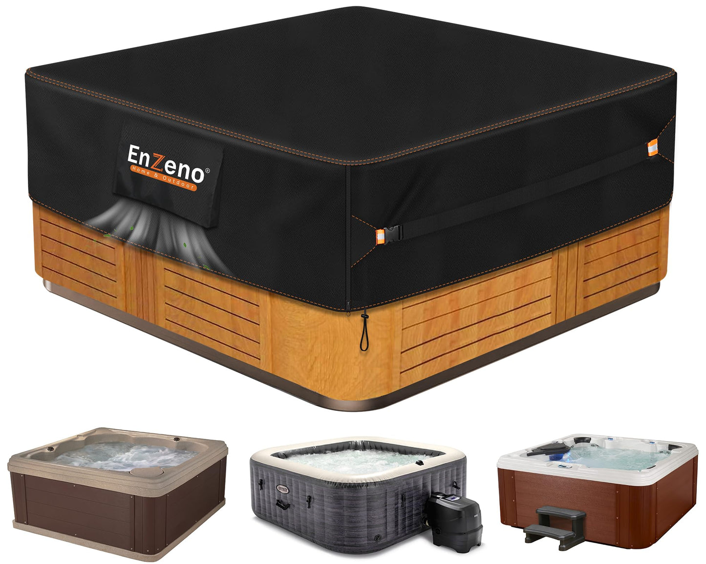 Enzeno Outdoor SPA Hot Tub Cover Waterproof Square 90 x 90 inch fit 89 x 89 or 88 x 88 or 87 x 87 420D Heavy Duty Cub Hot Tub Lid Protectors Protective Cover Cap