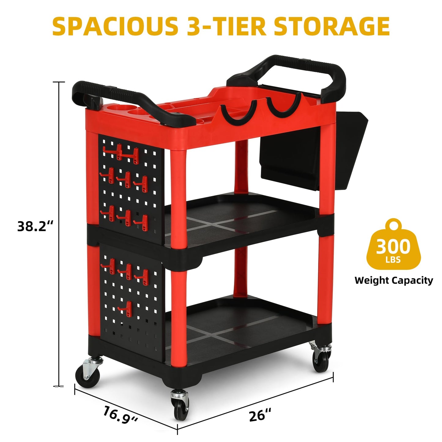 DWVO Auto Detailing Cart with Wheels, 3-Tier Rolling Tool Organizer with 2 Polisher Brackets, 17" D x 32" W Car Wash Utility Cart with Hooks & Hanging Bucket for Garage, Workshop, DIY Home