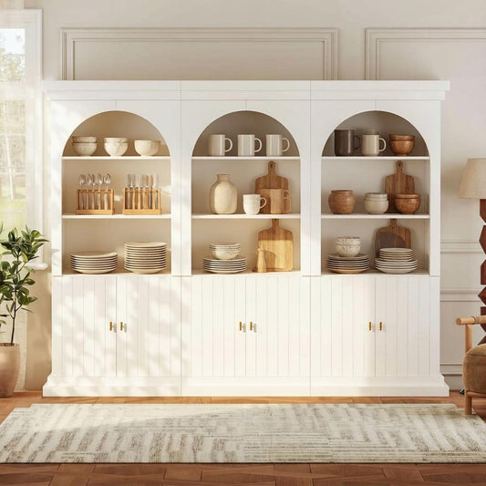 Myricore 71" Arched Kitchen Pantry Cabinet, Tall Half Open Storage Cabinet with Drawers, Modern Display Hutch for Dining Room, Living Room, White with Gold Handles, 3 of Set
