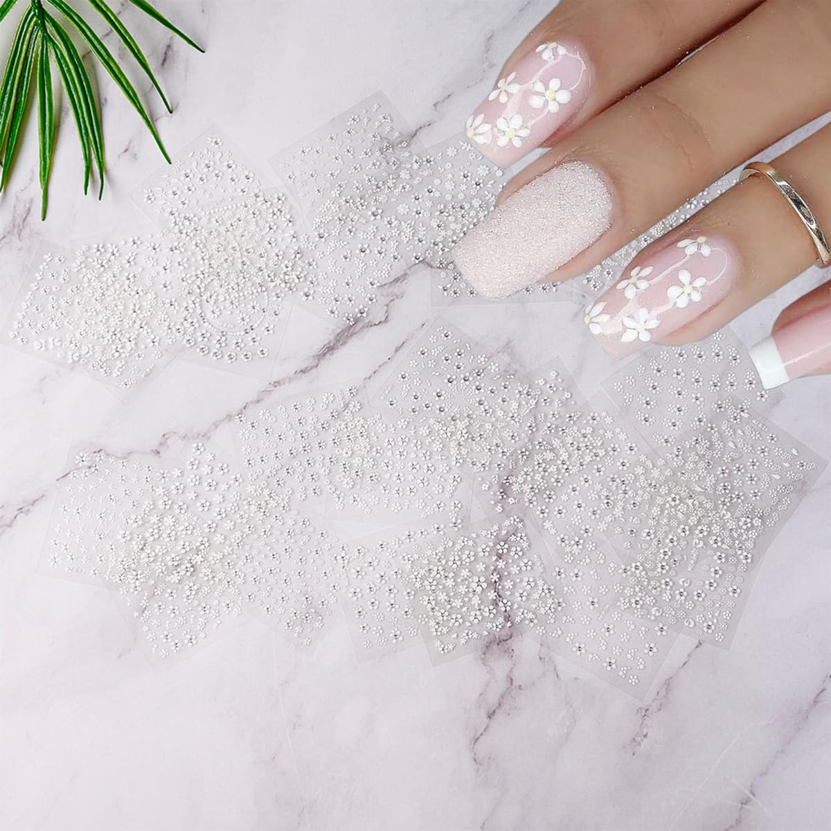 30 Sheets White Flower Nail Stickers 3D Self-Adhesive Floral Nail Decals Small Daisy Nail Art Supplies White Flowers Nail Design Sticker for Women Wedding Acrylic Nails Decoration Accessories Charms