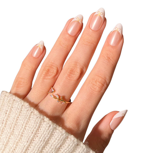 PaintLab Press On Nails - Frenchie Bow Short Almond Fake Nails, 30 Nails in 15 Sizes with Glue, White French Tip Reusable Salon Quality Press On Nails