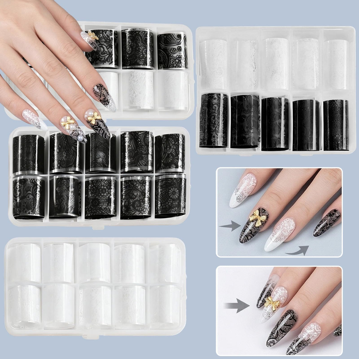 Aiuulu 40 Rolls Lace Nail Foil, Holographic Lace Transfer Foil Sheets for DIY Nails Art, 4 Boxes Black & White Transfer Stickers Flower Decals