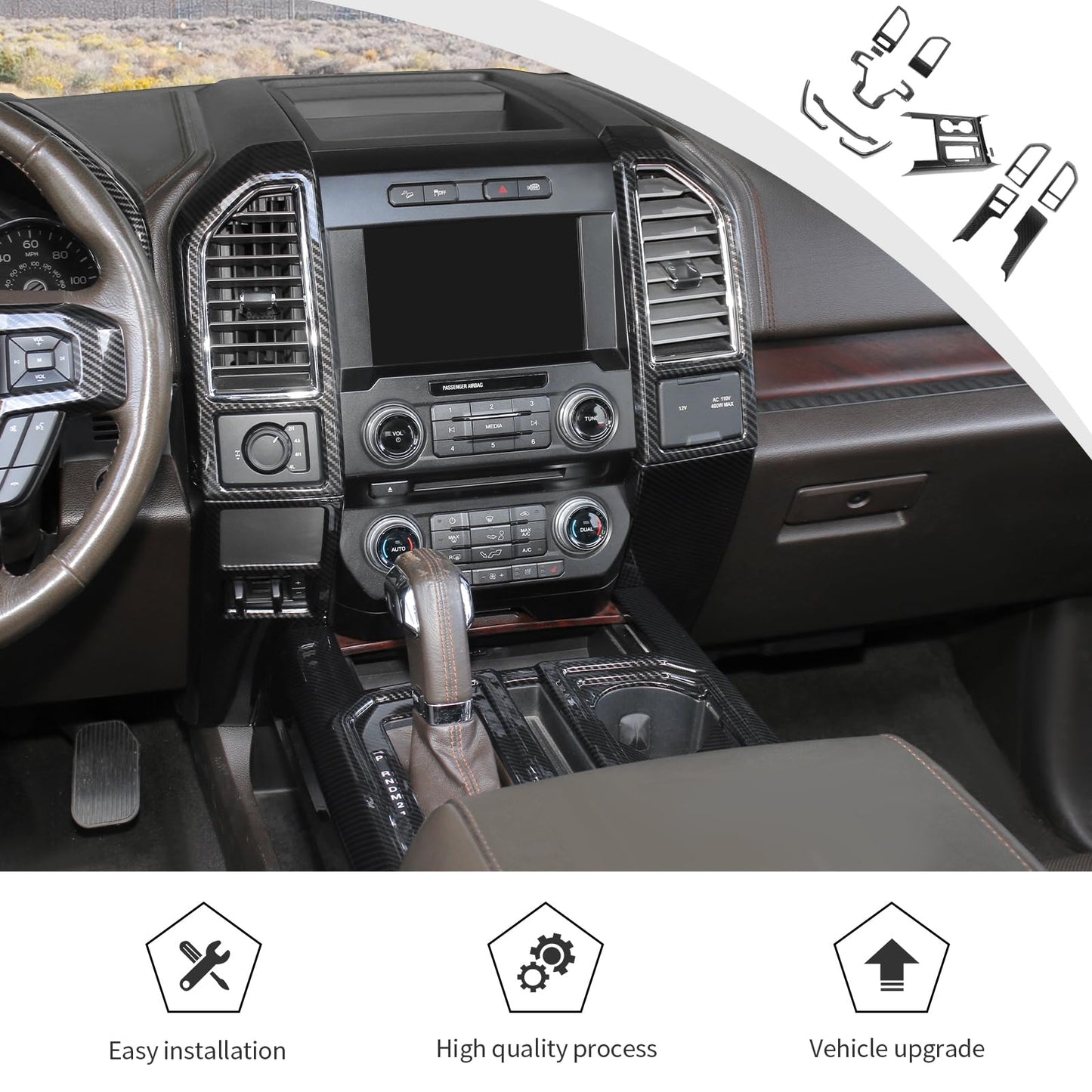 JWWY Dashboard Carbon Fiber Interior Trim Kit Cover Fit for 2015-2020 Ford F150 F-150,Side Outlet Vent Cup Holder Navigation Panel Cover for F150 Interior Accessories,13Pcs