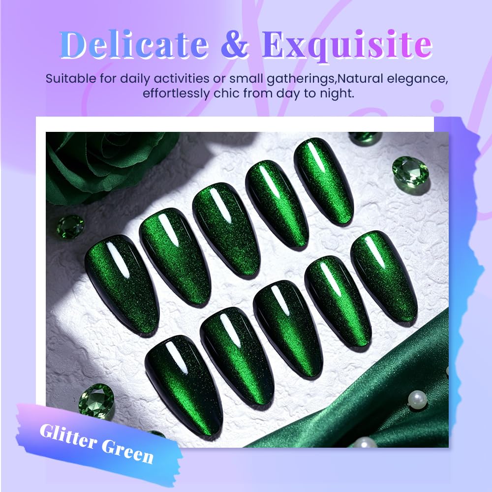 evpct Glitter Green Cat Eye Chrome Press on Nails Almond Medium No Glue, Holographic Medium Almond Stick on Fake Nails for Women Gift, Glossy Cateye Effect, Perfectly Fit Salon-quality Soft False Nail