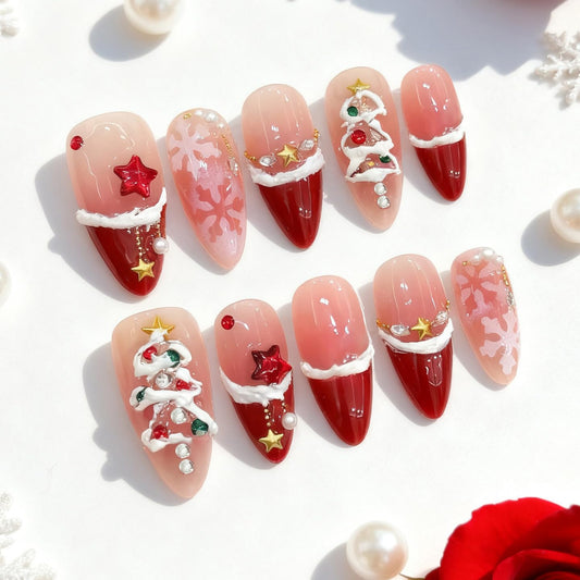 Christmas Handmade Red French Tip Press on Nails Medium Almond Fake Nails with 3D Christmas Tree & Rhinestone Designs Snowflake Pearl Winter False Nails Holiday Manicure Kit for Women 24Pcs