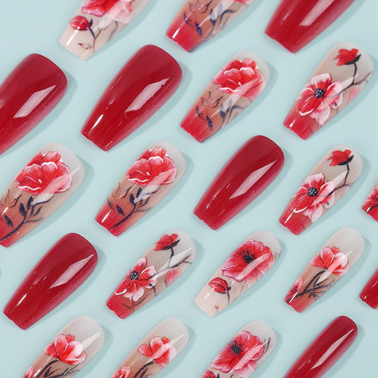CJDLTS Red Flower Press on Nails Medium Ballet Shaped Full Cover Glossy Floral Stick on Nail Artificial Acrylic Blossom Fake Nail Reusable Medium Glue on Nails for Women Manicure Art 24Pcs