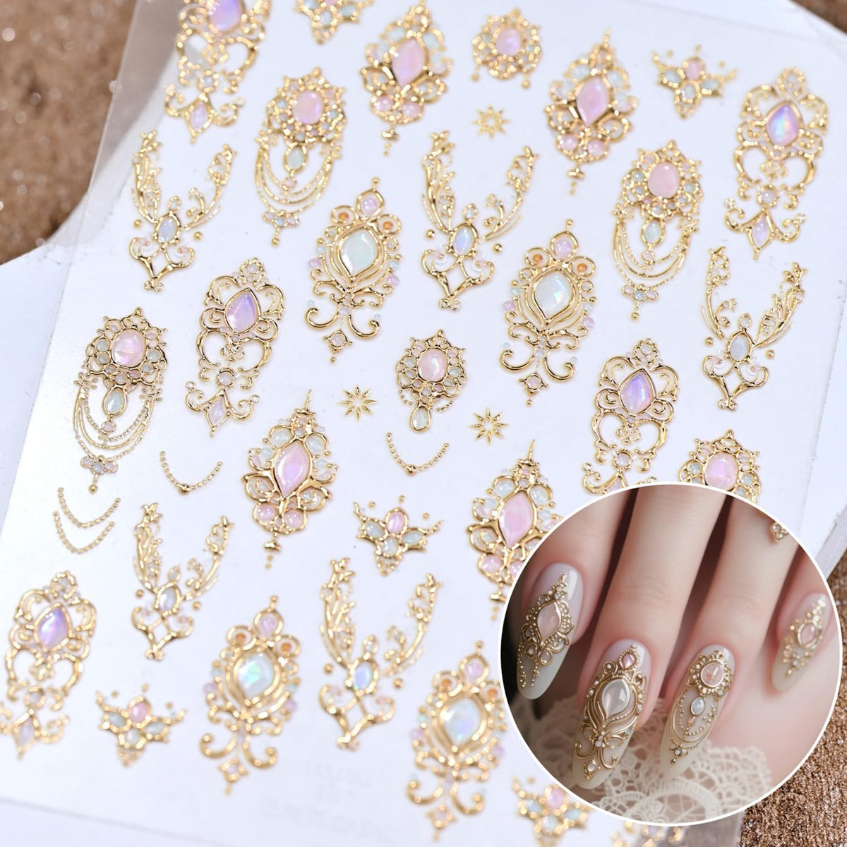 Gold Nail Stickers for Nail Art 5D Embossed Gemstone Nail Art Stickers Gold Mace Nail Decals Self-Adhesive Nails Design Supplies for Women Girls DIY Manicure