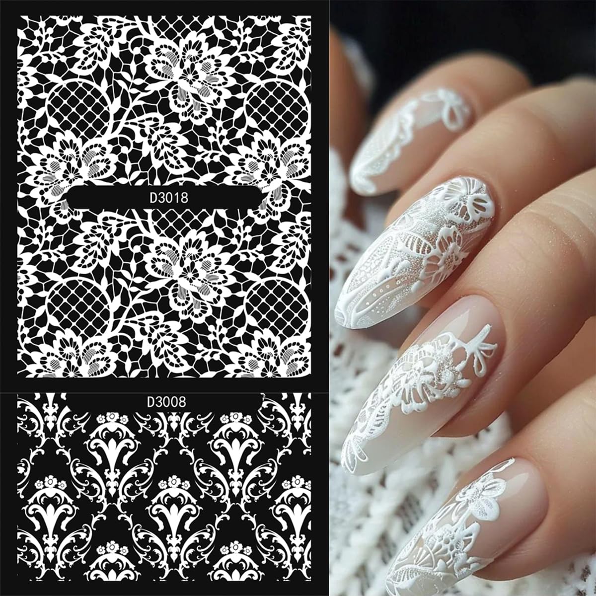 30 Sheets White Nail Art Stickers 3D Self Adhesive Lace Flower Nail Stickers Hallow Floral Nail Decals Spring Summer Nail Supplies for Women Nail Art Decoration Accessories