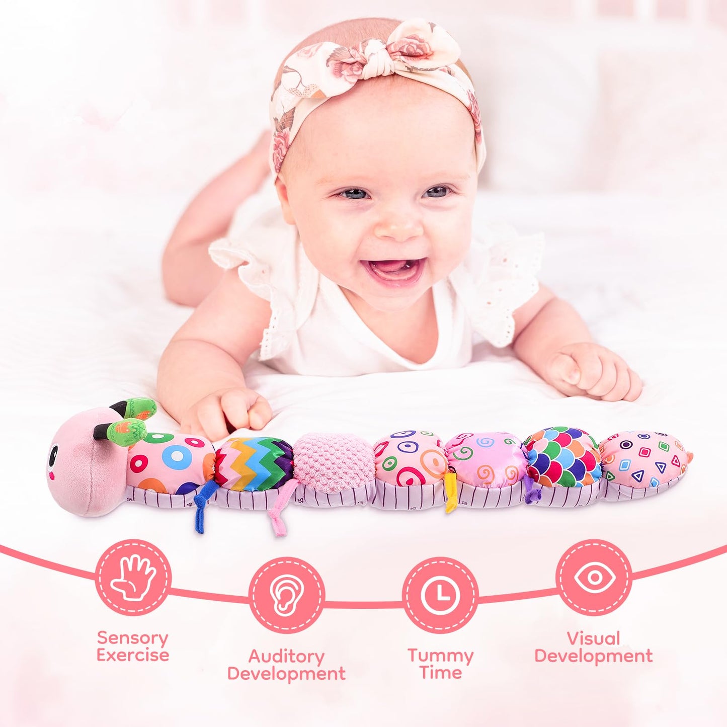 Baby Girl Toys 0-6 Months - Tummy Time Gifts Stuffed Sensory Caterpillar Toys for 0-3 3-6 6-9 6-12 Months Newborn Infant Rattles Crinkle Textures Soft Plush 3 4 5 6 7 8 9 10 Months Boys Girls Present