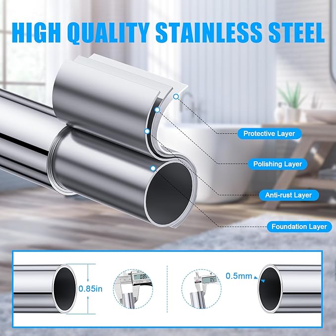 TEECK Shower Curtain Rod, 32-104 inch Adjustable Spring Tension Curtain Rod, Never Rust Anti-Slip Shower Curtain Rod for Bathroom, No Drilling, Never Collapse, Easy to Use, Silver