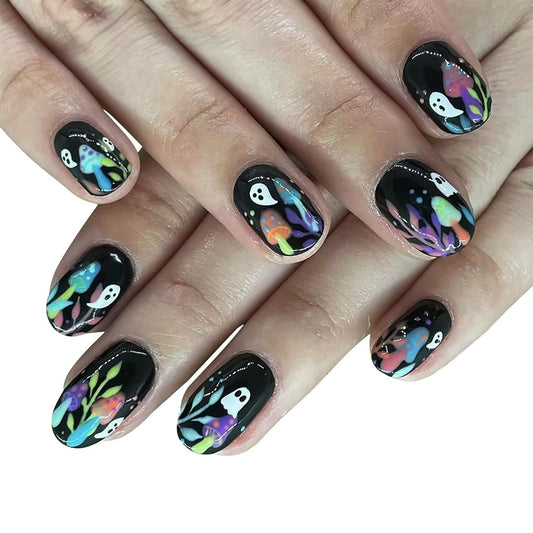 Ghost Press on Nails Halloween Short Fake Nails Mushroom Square False Nail Matte Full Cover Stick on Nails Black Halloween False Nail Acrylic Press on Nail Reusable Nail for Women 24Pcs