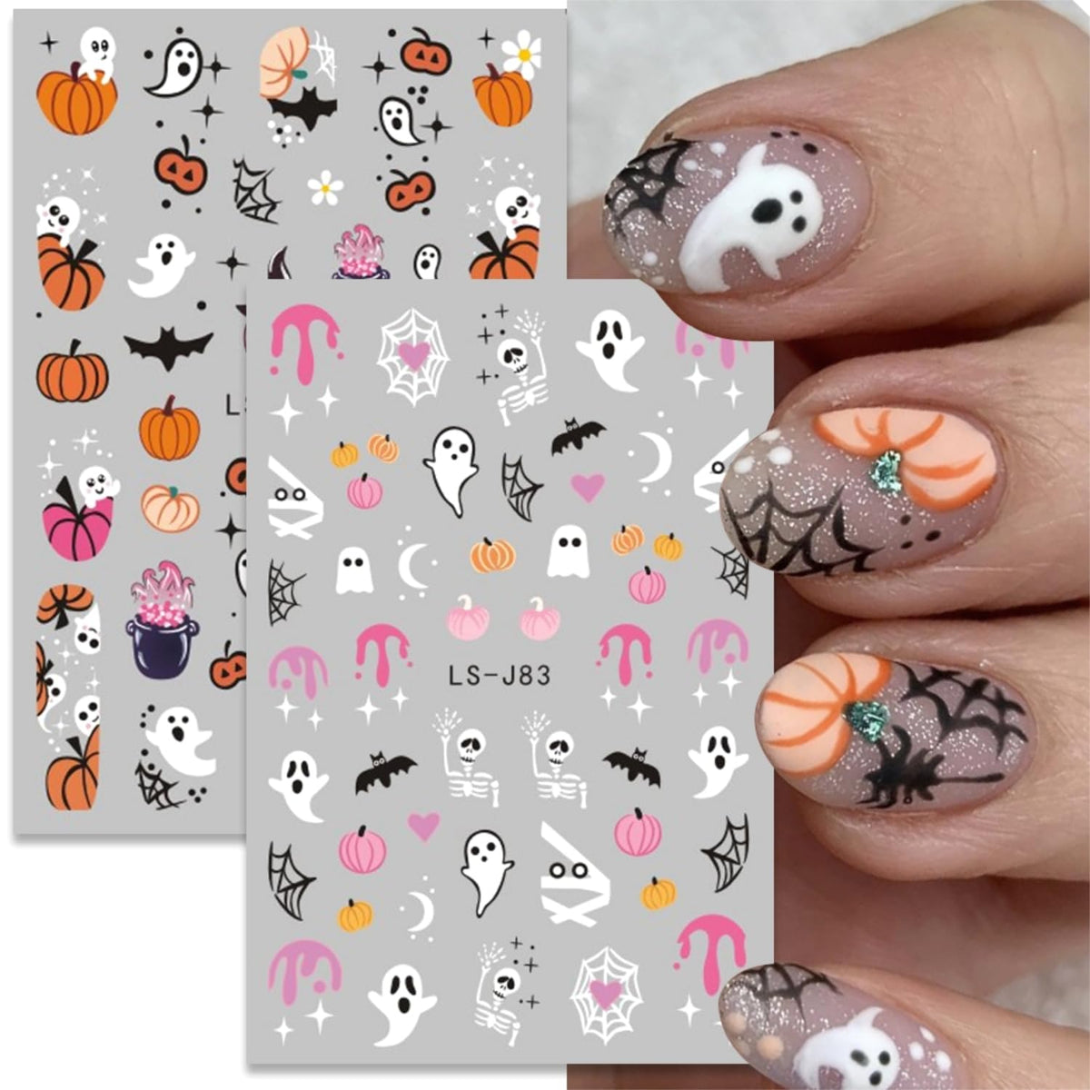 12 Sheets Halloween Nail Art Stickers 3D Self Adhesive Nail Decals Pumpkin Cute Ghost Nail Stickers for Nail Art Bat Cat Skull Design Nail Supplies Halloween DIY Manicure for Women Girls