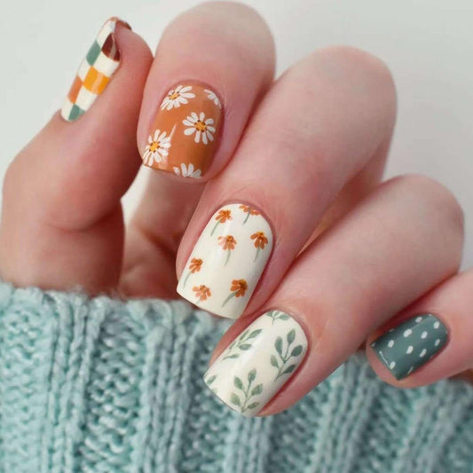 Coloful Spring Press on False Nails Polka Dot Fake Nails Short Square Glue on Nails with Flower Leaf Checkered Designs Glossy Press ons Stick on Nail for Women Manicure 24Pcs
