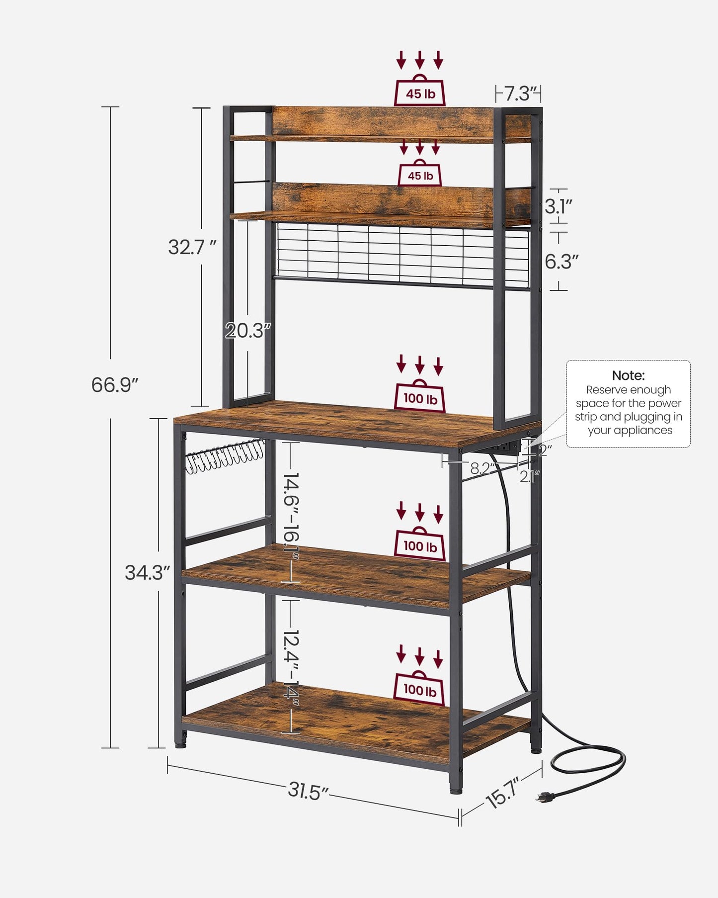VASAGLE Bakers Rack with Power Outlet, Microwave Stand, Kitchen Tall Utility Storage Shelf, with Metal Wire Panel, 14 Hooks, 15.7 x 31.5 x 66.9 Inches, Rustic Brown and Ink Black UKKS025B01
