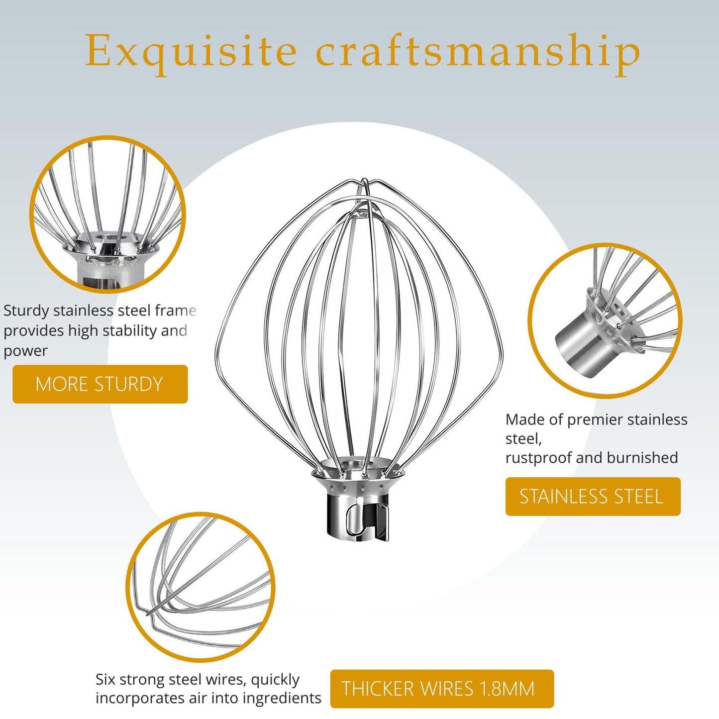 NewlyArt Dishwasher Safe Whisk Attachment for KitchenAid 4.5 5 Qt Tilt-Head Stand Mixer, Stainless Steel 6 Wire Whip Fits Kitchen Aid Stand Mixer Accessories Attachments Replacement Parts