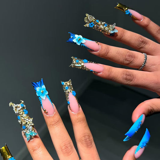 FIEONCIY Press on Nails Coffin Long Length Acrylic Glossy Full Cover Square Shaped French False Nails with Designs Artificial Extra Long Fake Nails with Charms Glue ons Fingernails for Women(AA176)