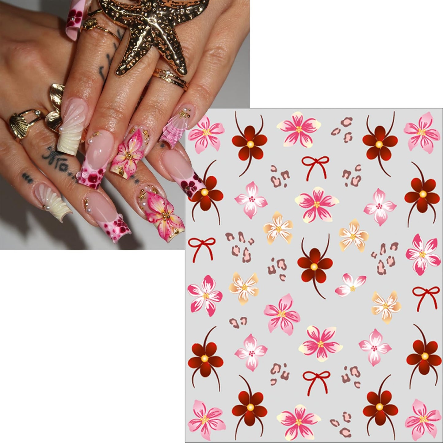 Leopard Print Hibiscus Flowers Nail Art Stickers Embossed Jelly Design Hawaiian Floral Nail Art Supplies Cute French Cheetah Print Nail Art Accessories for Women Manicure Decorations 6 Sheets