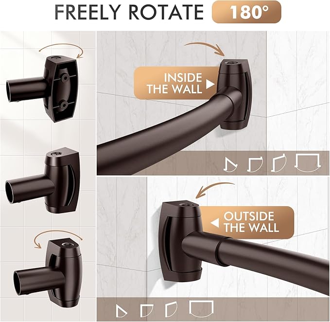 Bonpally Curved Shower Curtain Rod for Bathroom, 40-72 Inches Adjustable Curved Shower Rod, 0.9MM Aluminum Shower Curtain Rod with Rotating Brackets for Extra Shower Space, Need to Drill, Bronze