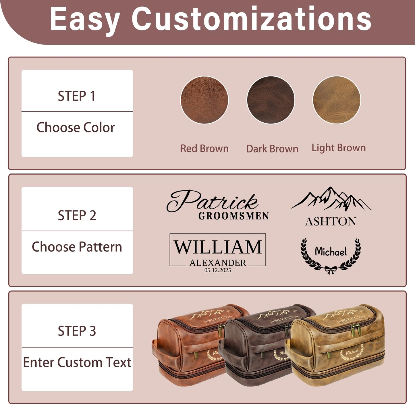 Personalized Toiletry Bag for Men, Gifts for Men, Christmas, Custom Leather Travel Shave Kit Cosmetic Hygiene Bag, Engraved Pattern Text, Ideal for Him, Dad, Groomsmen, Birthday, Anniversary, Father