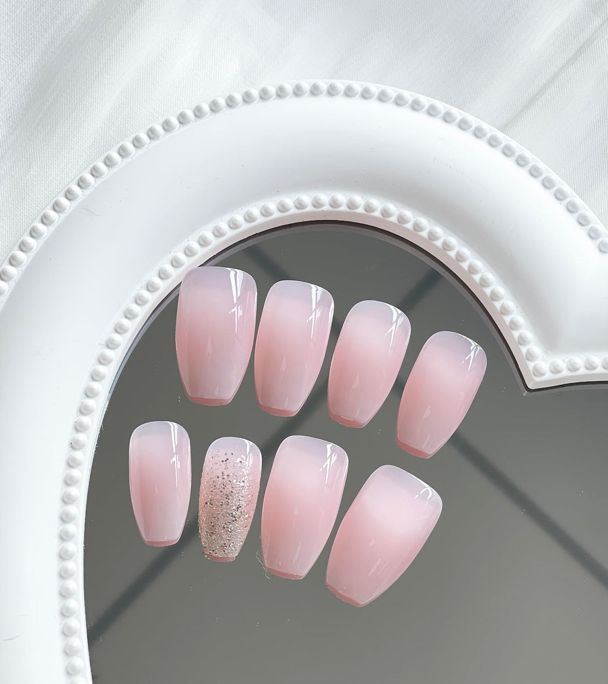 SWEKKE Medium Coffin French Fake Nails - Pink Gradient Full Cover Glossy Glue on Acrylic Artificial Nails for Women Girls - 24Pcs