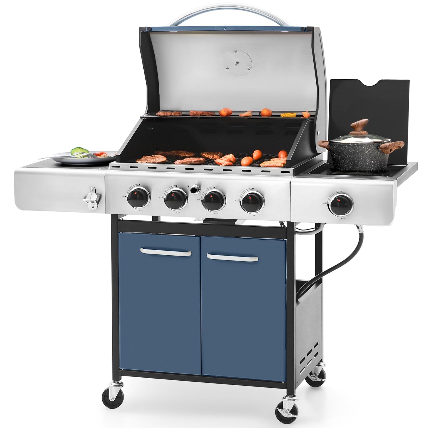 Sophia & William 4-Burner Gas BBQ Grill with Side Burner and Porcelain-Enameled Cast Iron Grates, 42,000BTU Propane Grills Outdoor Cooking Barbecue Cabinet Style, Blue