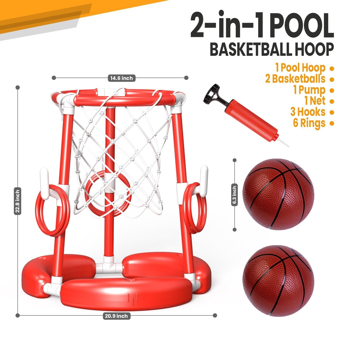 SpringFlower Pool Basketball Hoop,Floating Pool Toys Ring Game with Ring Toss, Balls and Pump, 2-in-1 Summer Outdoor Swimming Pool Basketball Games Play Toy Family Party for Kids Adults, Red