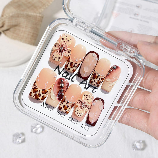 Vokupoga Medium Press on Nails Square Handmade Fake Nails French Tip False Nails with 3D Flower Pearl Designs Glossy Acrylic Nails for Women 10Pcs(Size M)