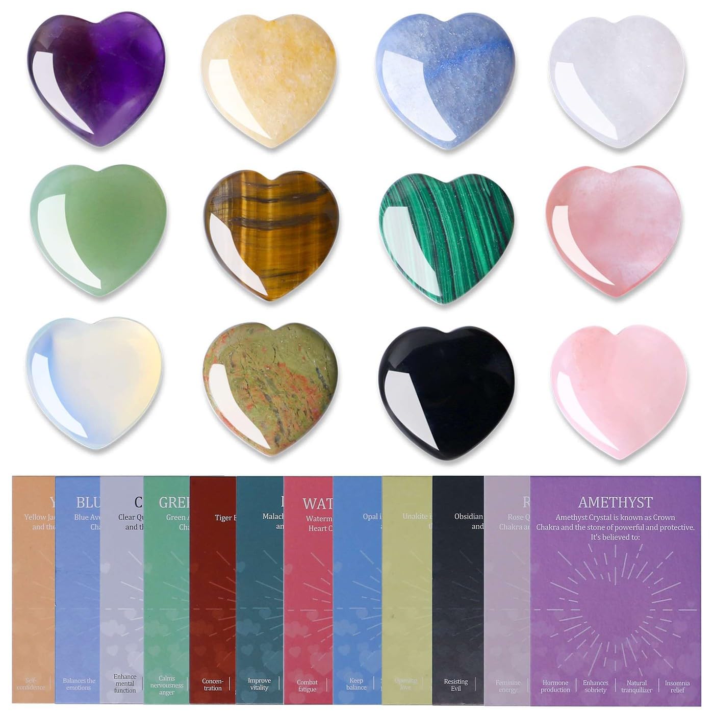 LAIDANLA 12 PCS Heart Crystals Healing Stones 1 inch Hearts Natural Gemstones Polished Bulk Heart Shaped Crystal Stone Set Rose Quartz Amethyst Reiki Meditation Gifts