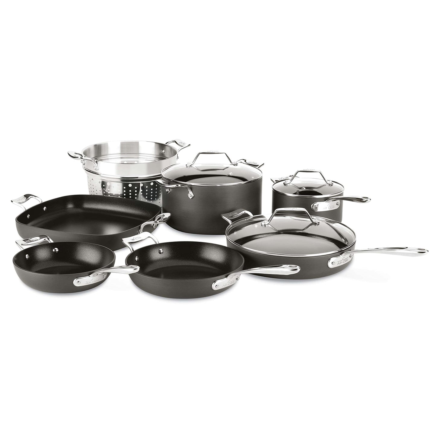 All-Clad Essentials Hard Anodized Nonstick Cookware Set 10 Piece Oven Safe 350F Pots and Pans Black
