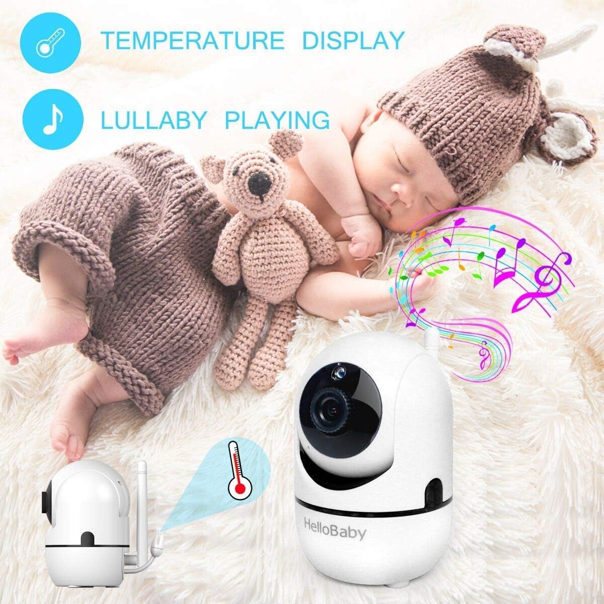 HelloBaby Baby Monitor with Remote Pan-Tilt-Zoom Camera and 3.2'' LCD Screen, Infrared Night Vision, Temperature Display, Lullaby, Two Way Audio, with Wall Mount Kit