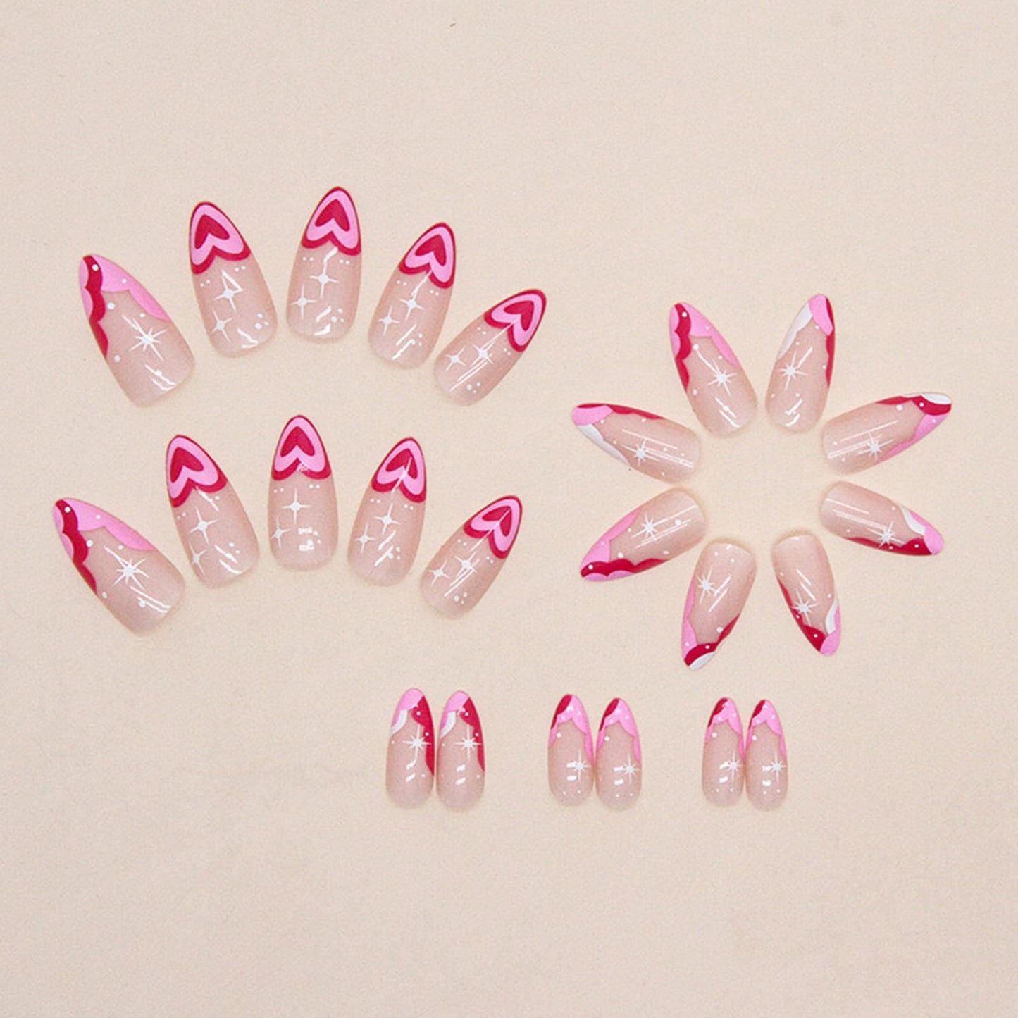 French Tip Press on Nails Pink Heart Fake Nails Medium Almond False Nails with Designs Star Pink Heart Glue on Nails Nude Full Cover Glossy Acrylic Nails for Women Girls 24 Pcs