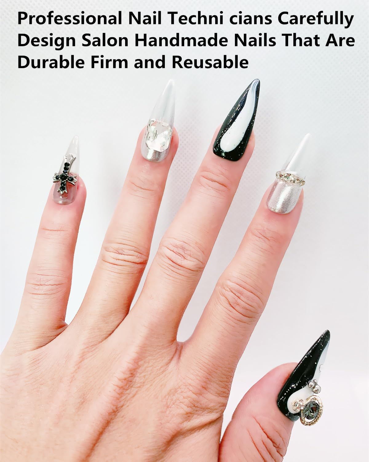 CAMILCY Press on Nails Handmade Nails Luxury Reusable Fake Nails For Girls long Almond Armor Tip Grey Diamonds HandPainted Salon Loveful Design Acrylic GelUV Finished 3D Nails 10PCS (A004, M)