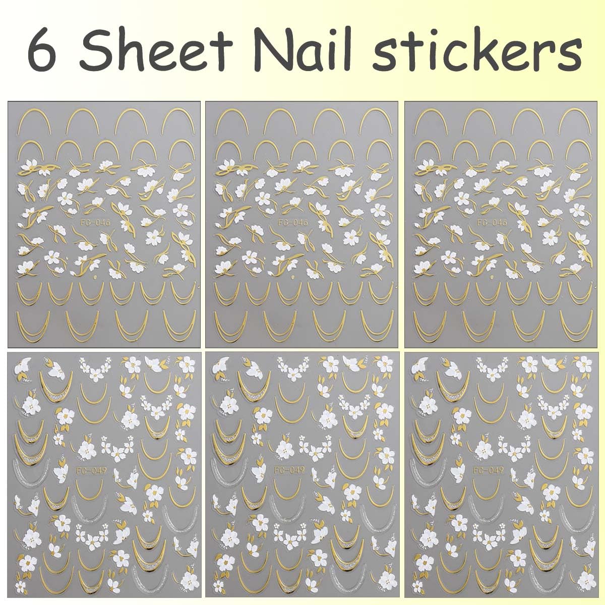 6 Sheets Flower Nail Stickers with Gold Silver Glitter Line Design Nail Decals 3D Self-Adhesive White Floral Nail Art Stickers Spring Summer Nail Decoration for Women DIY Manicure Supplies