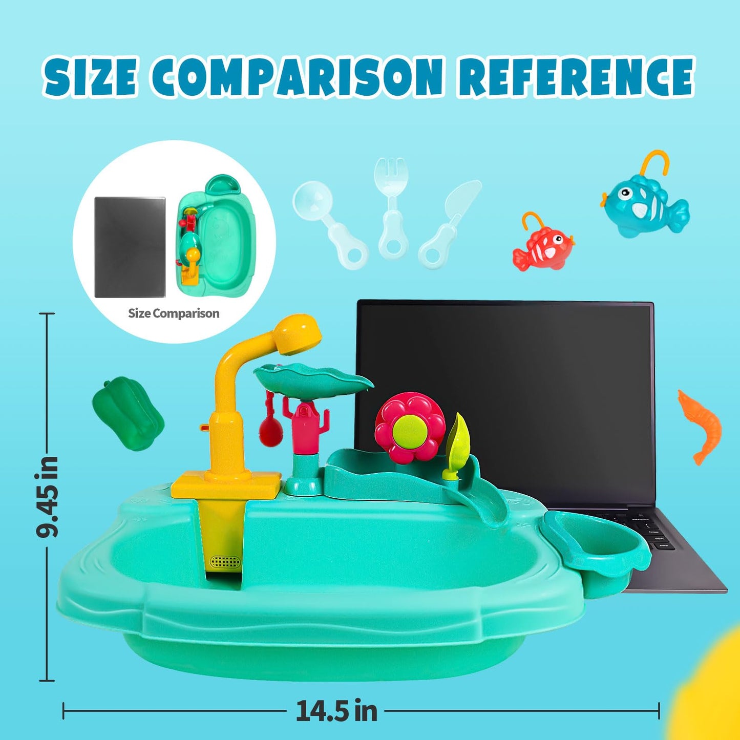 Mini Water Table for Toddler 1-3, Kids Play Sink with Running Water, Outdoor Toys for Kids Ages 4-8 with 360° Electric Faucet, Floating Fishing Game, Sensory Activity Kitchen Toy for Boys Girls