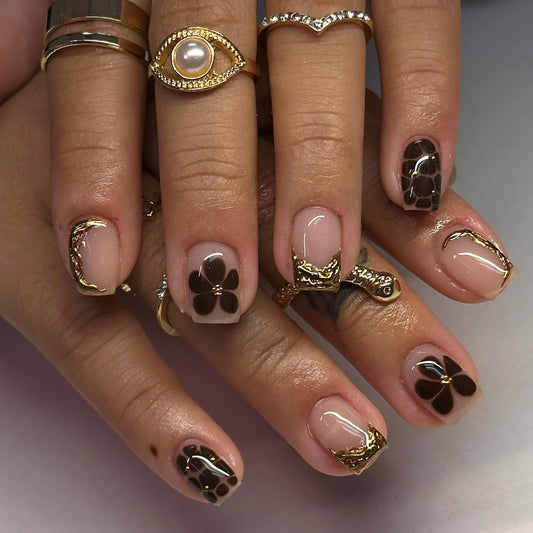 Gold French Tip Press on Nails Short Square Fake Nails with Flower Leopard 3D Designs Floral Glue on Nail Reusable Artificial Acrylic Extra Short Full Cover Stick on Nail for Luxury Women 24 Pcs