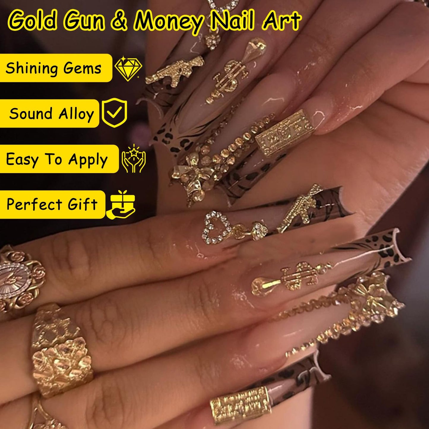 ZUMILLMN 58PCS 3D Nail Charms - Gold Alloy Dollar, Gun, Virgin Mary,Cron & Cross Charms, Shiny Nail Rhinestones for Nail Art, Manicure, DIY Jewelry Making
