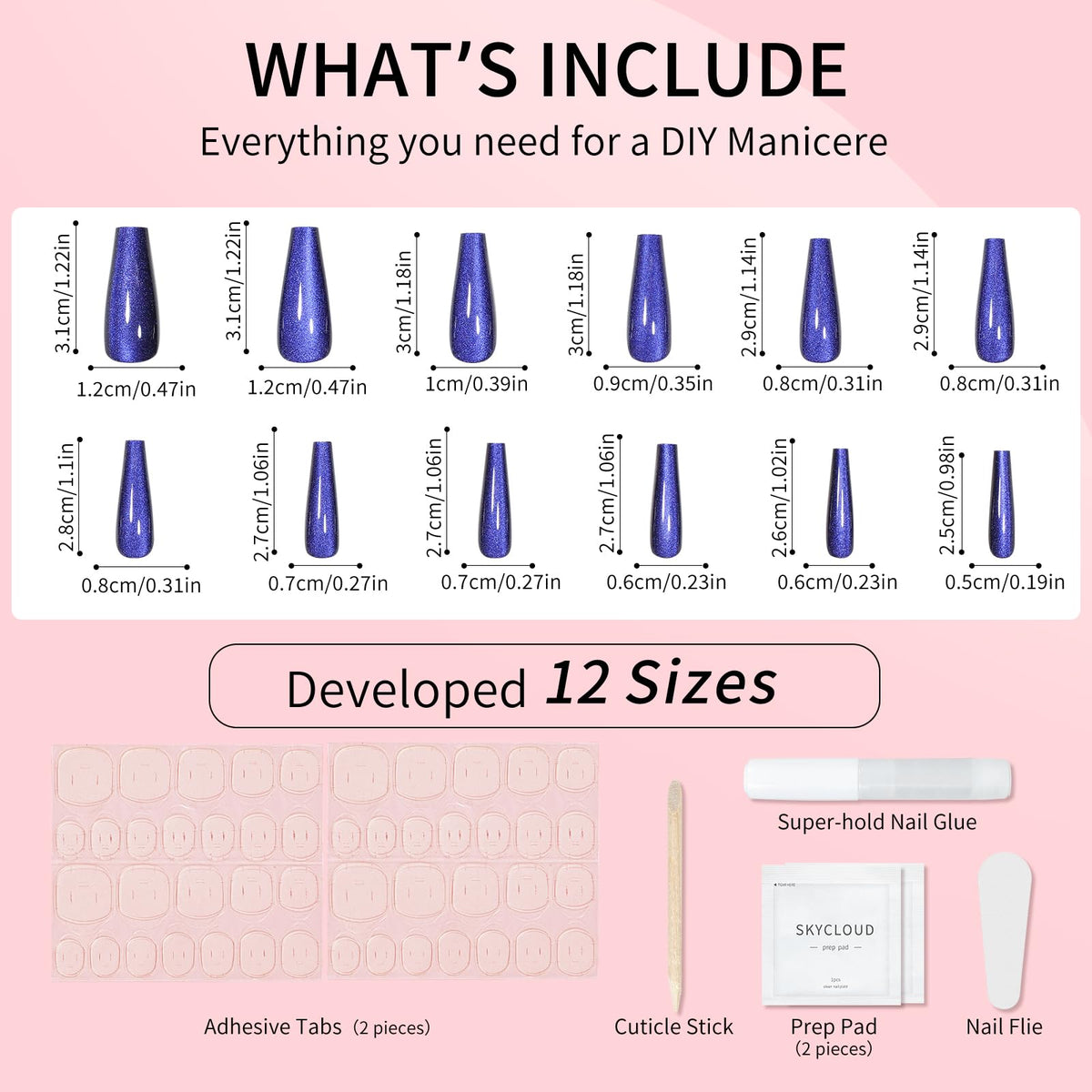 Navy Blue Cat Eyes Press On Nails,12 Sizes-24 Pcs Soft Gel Blue Long Coffin Fake Nails Kit with Nail Glue, Natural Reusable Stick On False Nails for Women and Girls SK1050