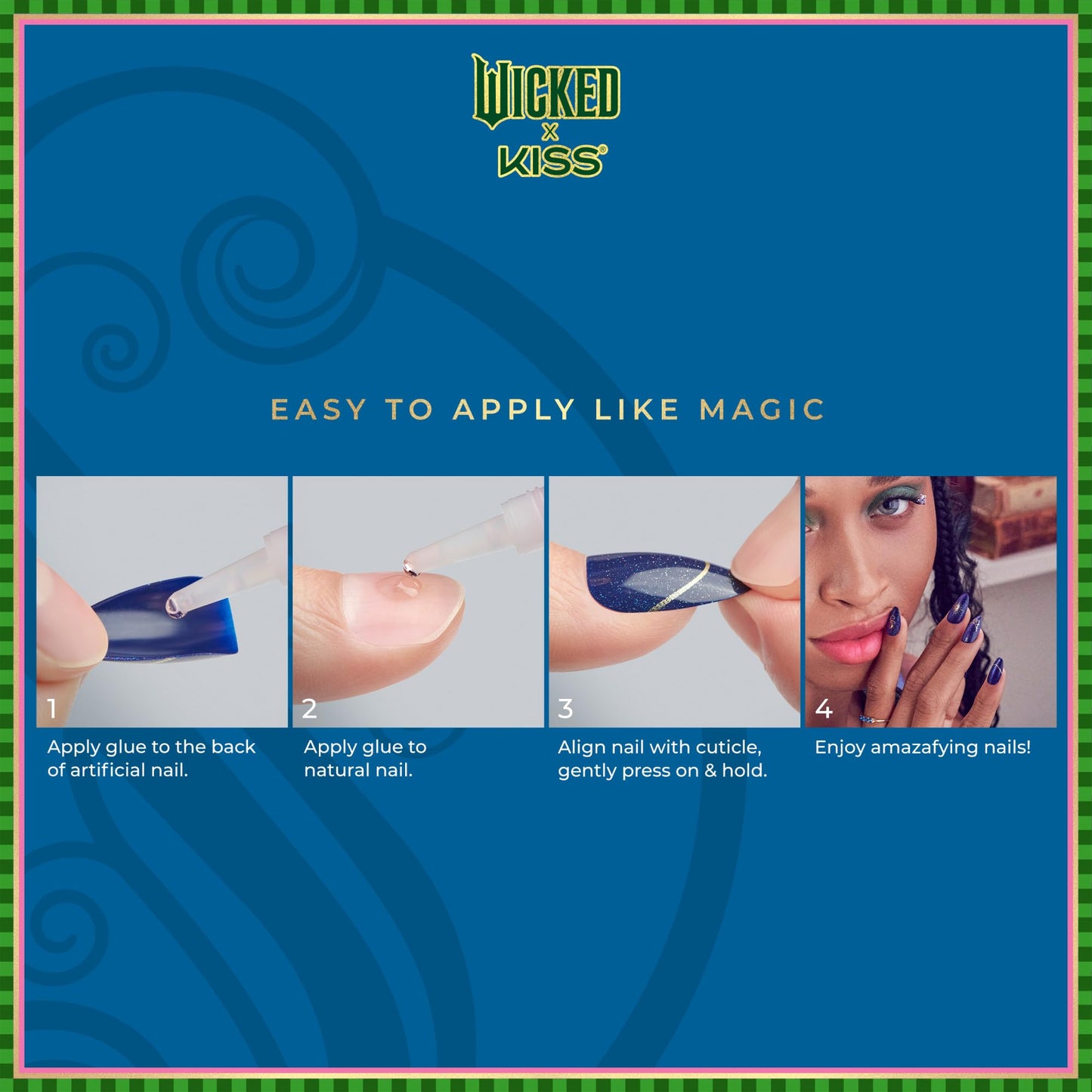 WICKED X KISS Press On Nails Almond, ‘Shiz Chemistry Club’, Blue, Medium, Waterproof, Chip Proof, Smudge Proof, 28 Fake Nails, Pink Gel Nail Glue (2g), Mini Nail File, & Manicure Stick