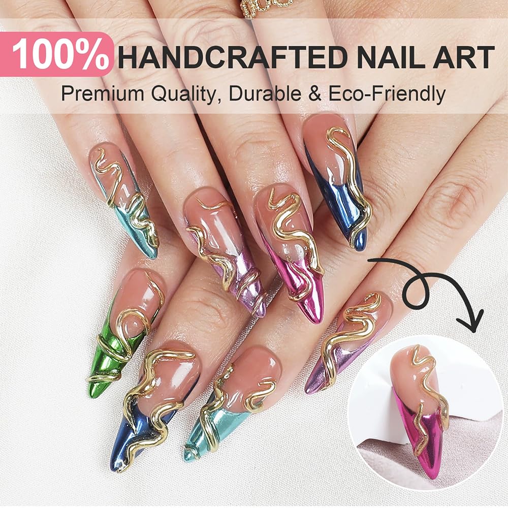 10pcs Handmade Press on Nails Long Stiletto False Nails Red French Tip Fake Nails with 3D Flower Designs Sparkly Charm luxury Artificial Nails Reusable for Women (Size M）