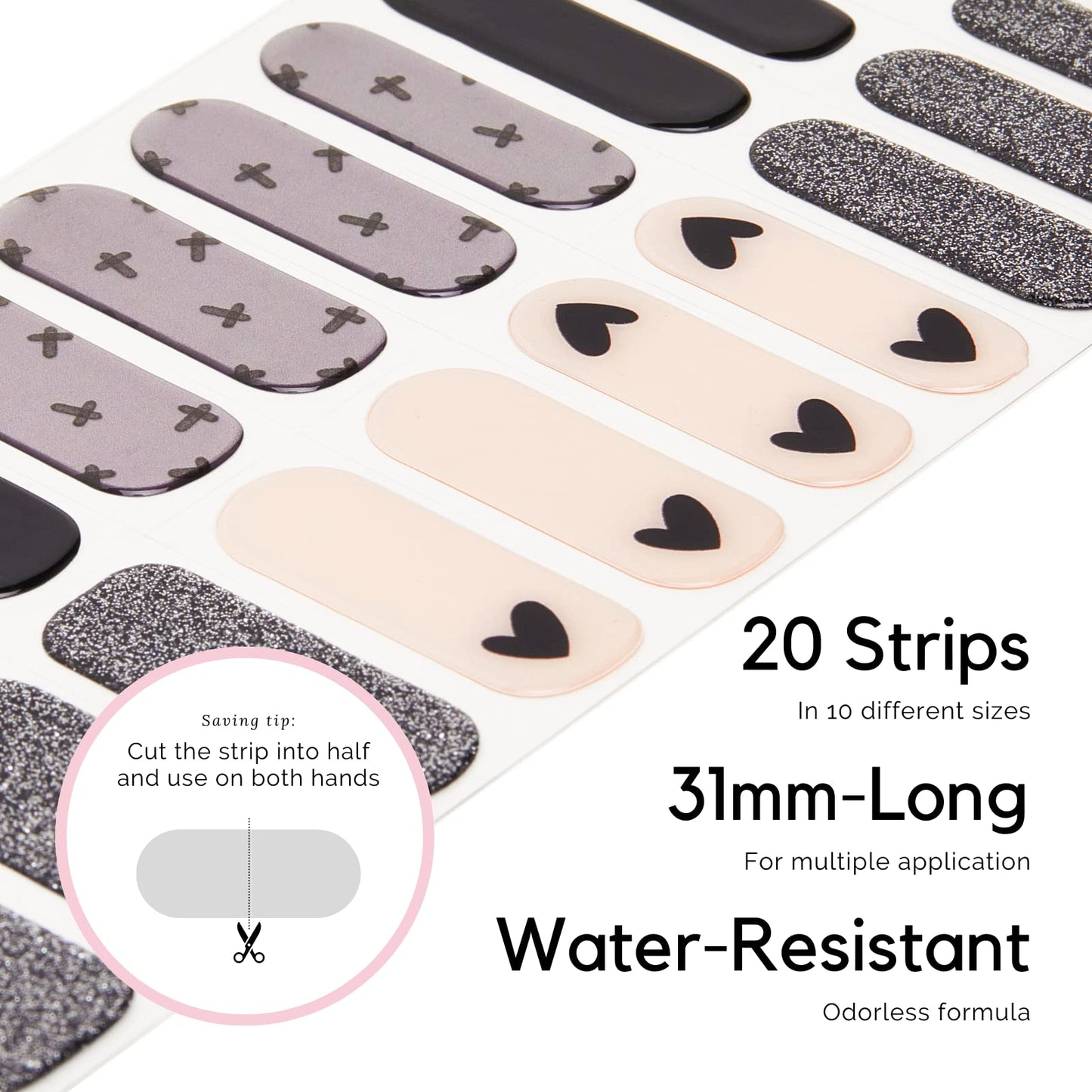 NAILOG Semi Cured Nail Strips for Halloween, 20 Extra Long Gel Nail Strips │ Glossy & Long Lasting Nail Polish Stickers, Nail Wraps with Soft Gel Finishing │Black Little Heart