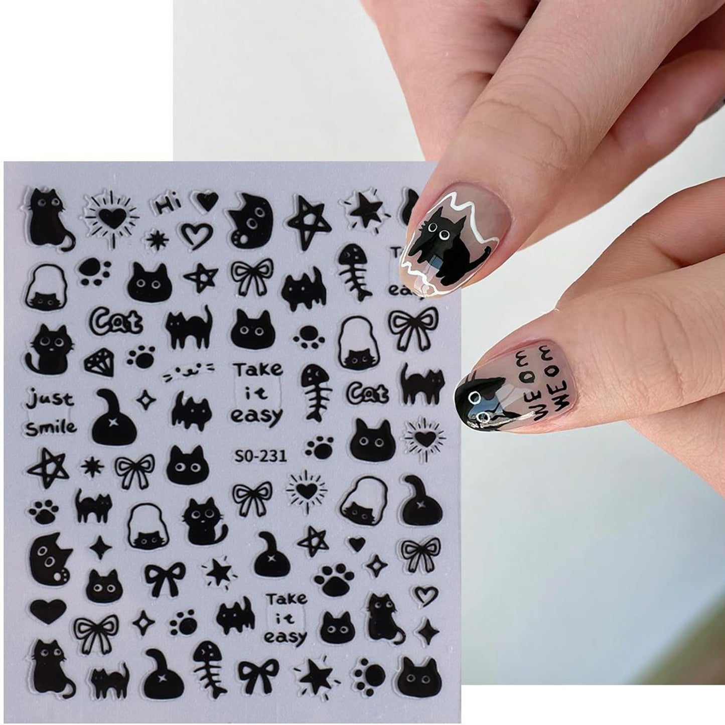 Cat Nail Stickers - 8 Sheets Cute 3D Self Adhesive Gold Silver Black White Cat Design Decals for Kids, Girls, Women DIY Nail Decoration