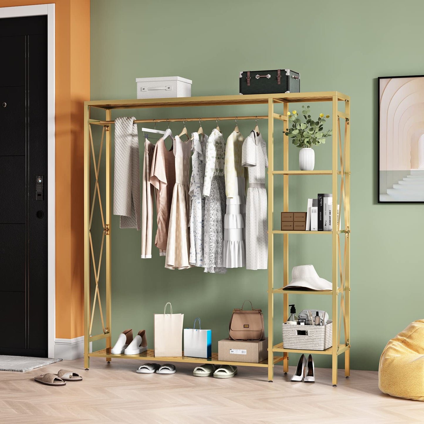 TIEOU Modern Gold Clothes Racks Free-Standing, Gold Clothing Rack with Shelves for Boutiques, Heavy Duty Garment Rack for Hanging Clothes, Large Wardrobe Closet(59''L)