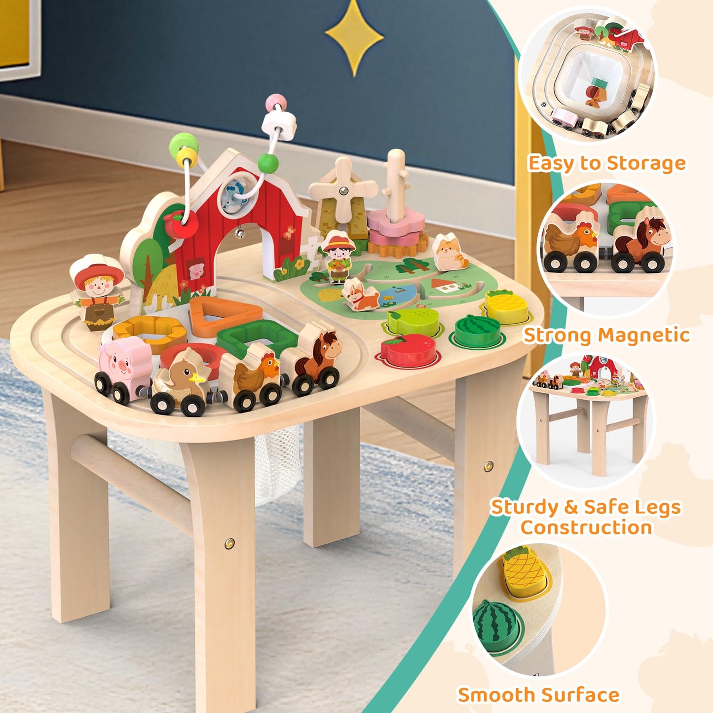 Weilim Montessori Activity Table for 1 Year Old — Wooden Sensory Table Baby Activity Center with Bead Maze, Shape Sorter, Train Track, Farm Toddler Toy, Educational Standing Play Toys, Kids 12+ Months