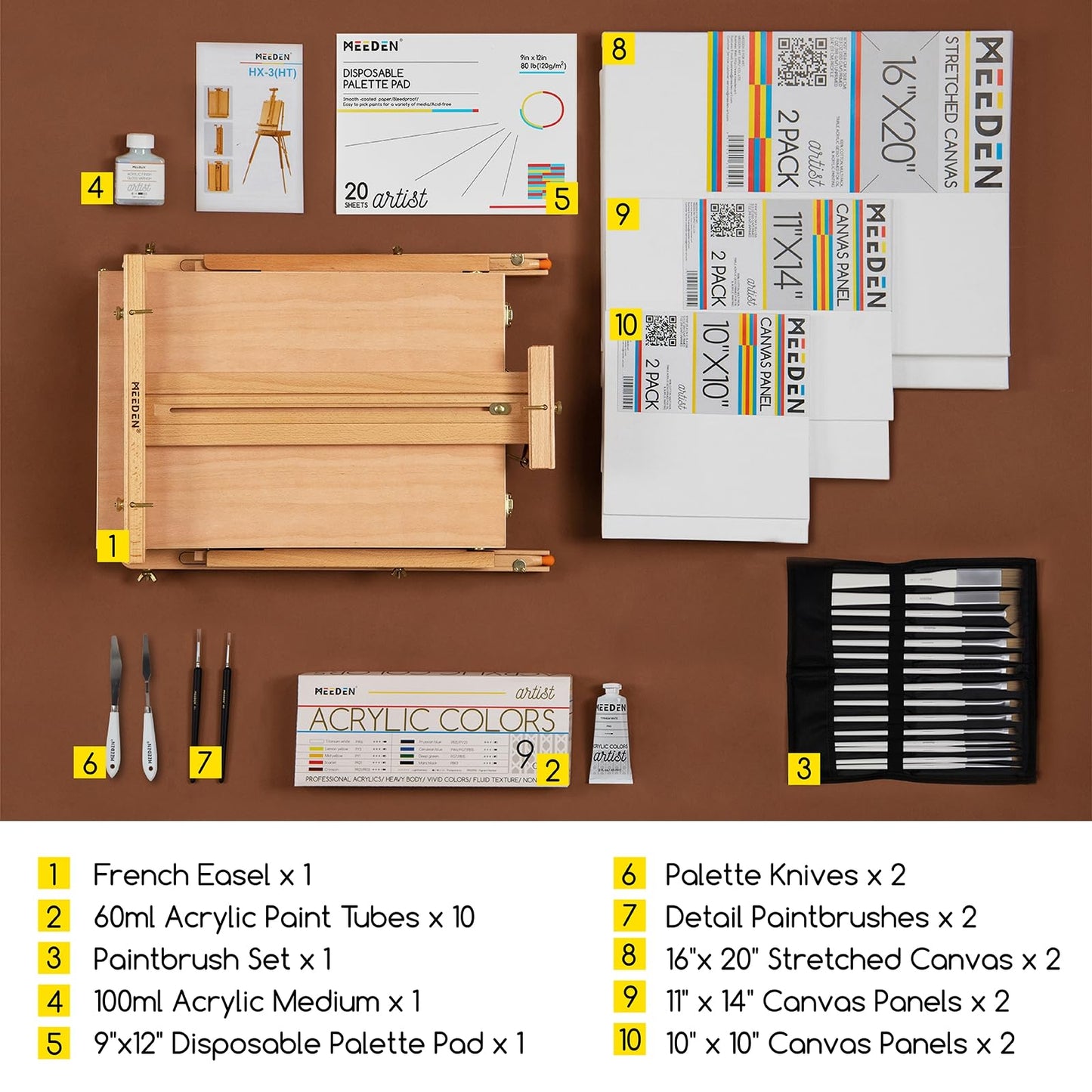 MEEDEN Art Set with French Easel for Professional Artist,Supplies Acrylic Painting(10-60ML) Kit with Paintbrushes for Adults,Pre Painter and Canvas Drawing Starter-Prime Art Series