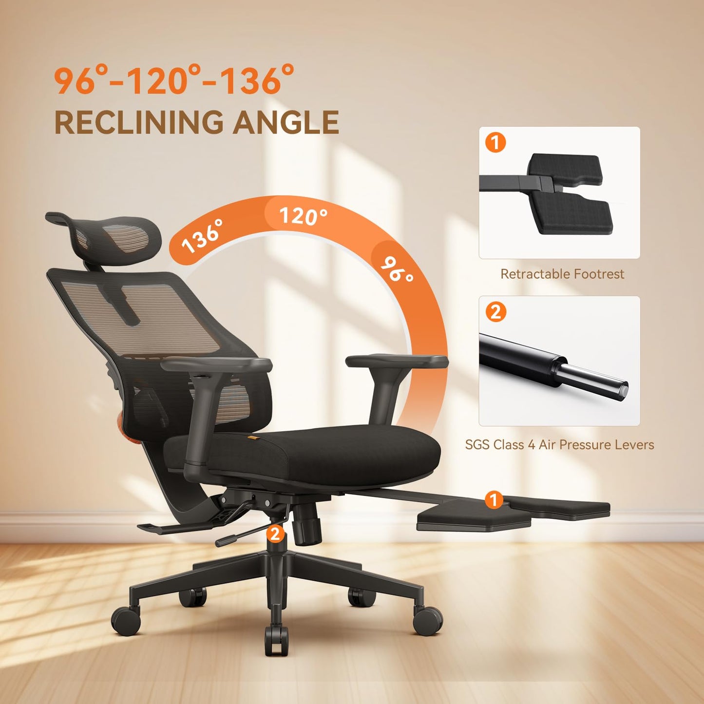 Newtral Office Chair Ergonomic with Footrest, Auto-Following Lumbar Support, High Back Desk Chair with 4D Armrest,136° Tilt Lock, Adjustable Seat Depth & Height (Upgrade with Laptop Tray, Black)