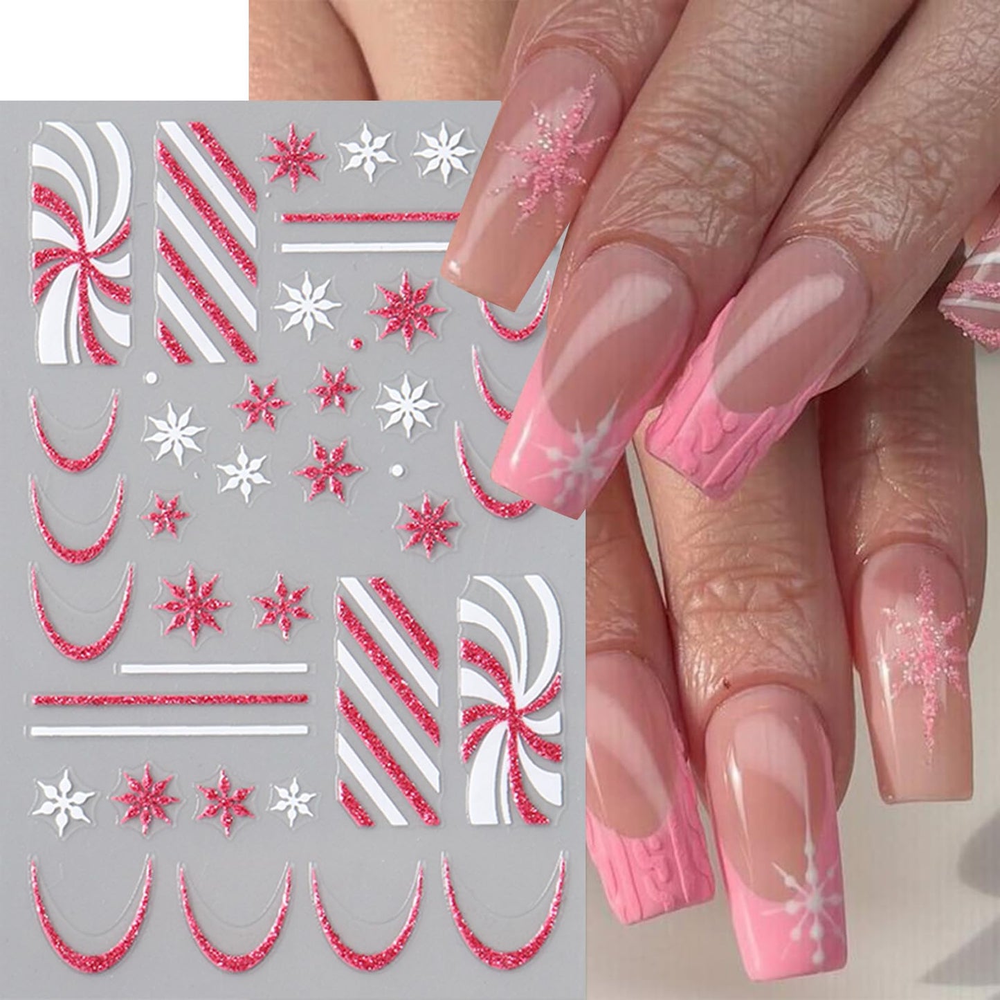 6 Pcs Christmas Nail Art Stickers Decals Pink White Glitter Snowflake Nail Decals with Green Gift Box Bow Green French Line Nail Design Pink Candy Stripe Nail Supplies for DIY Manicure Winter Xmas DIY