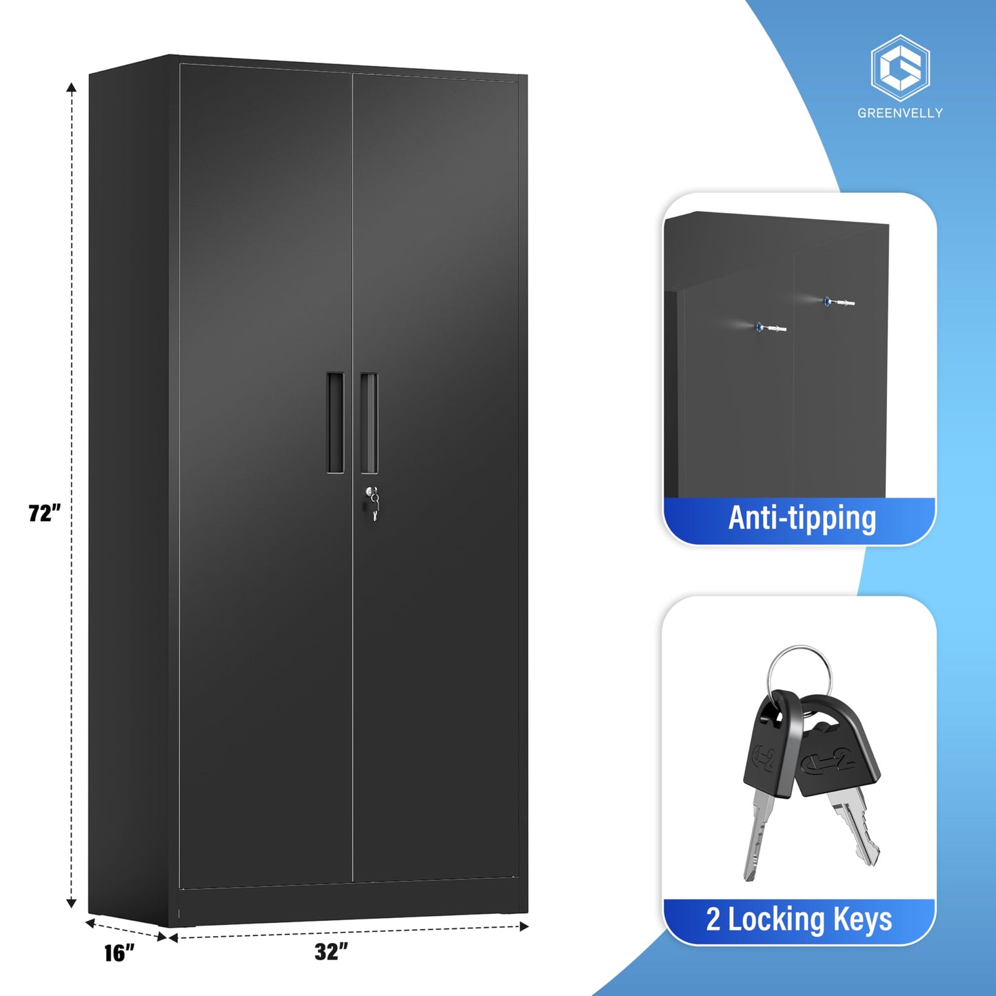 Greenvelly Metal Storage Cabinet, 72" Black Locking Metal Cabinet with 2 Doors and 4 Adjustable Shelves, Lockable Garage Storage Cabinets for Home Office, Garage, Kitchen, Living Room