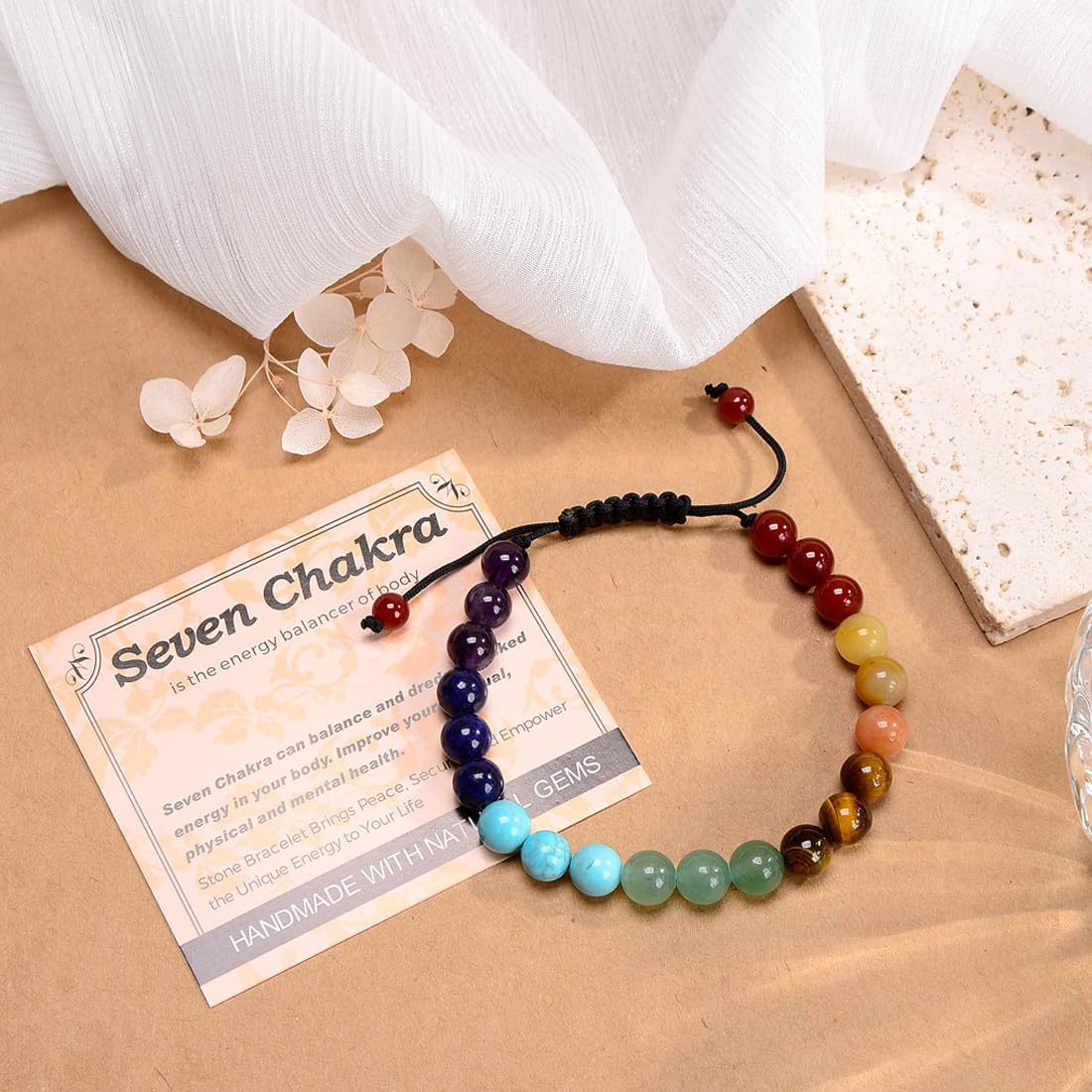 MASSIVE BEADS Seven Chakra Stones - Stone of Balance Energy - Handmade Yoga Adjustable Macrame Bracelet Natural Stone Crystal Healing Power Energy Gifts for Unisex Adult 6mm